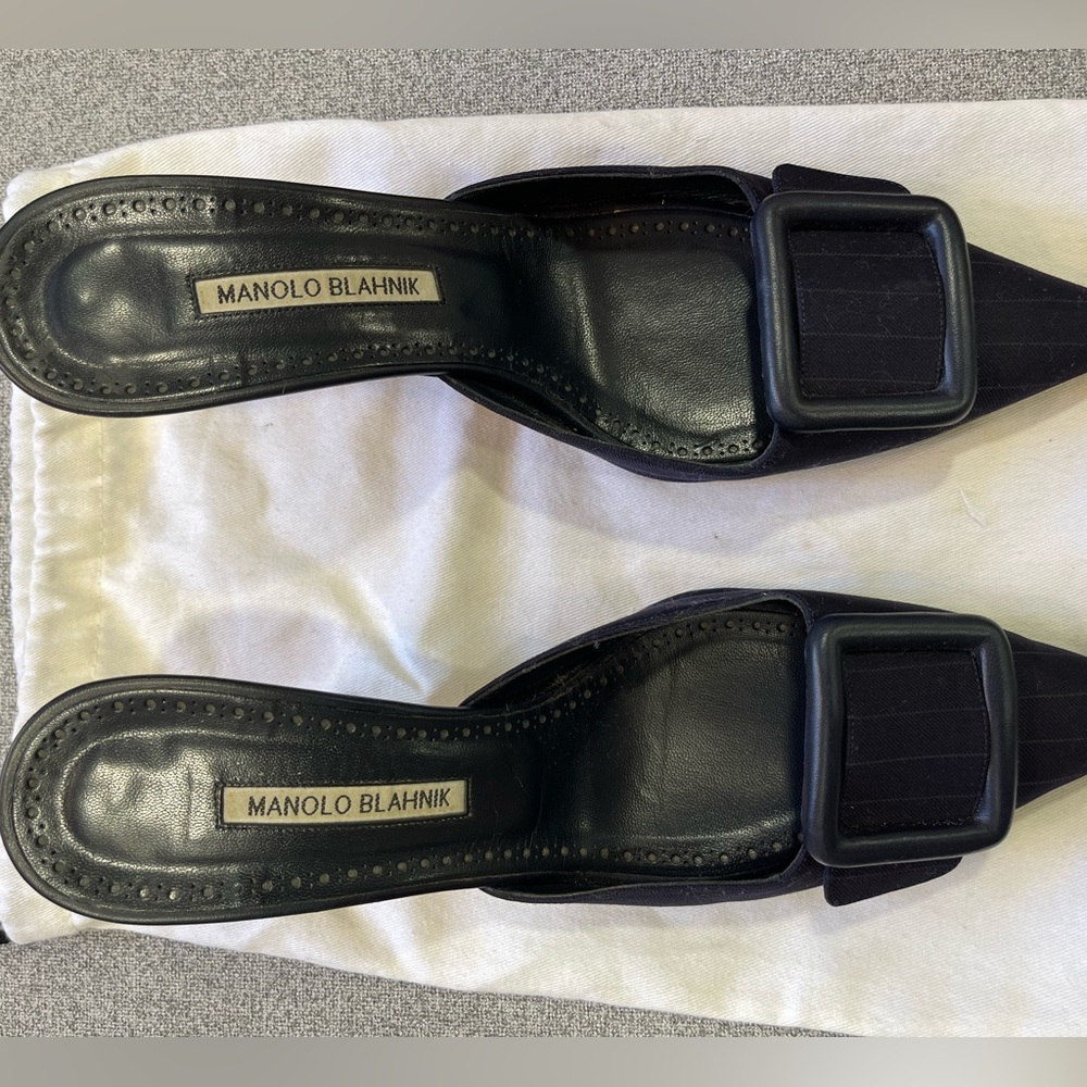 MANOLO BLAHNIK Navy pinstriped mules, size 41.5